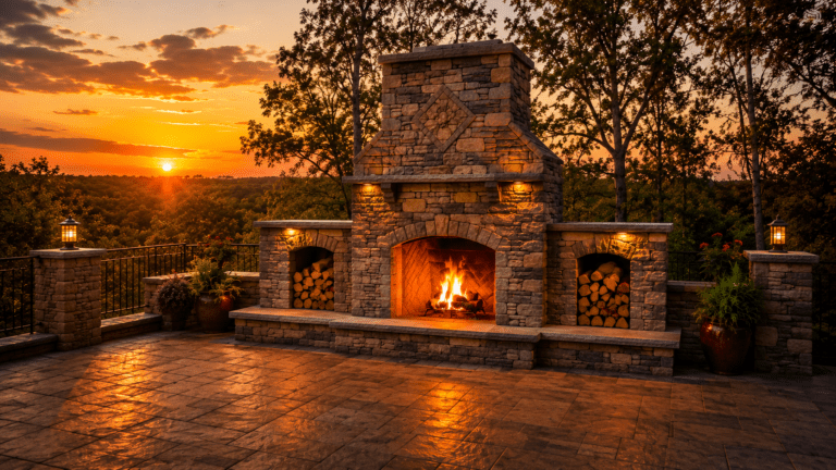 Stacked stone outdoor fireplace with fire burning at golden hour on cabin patio