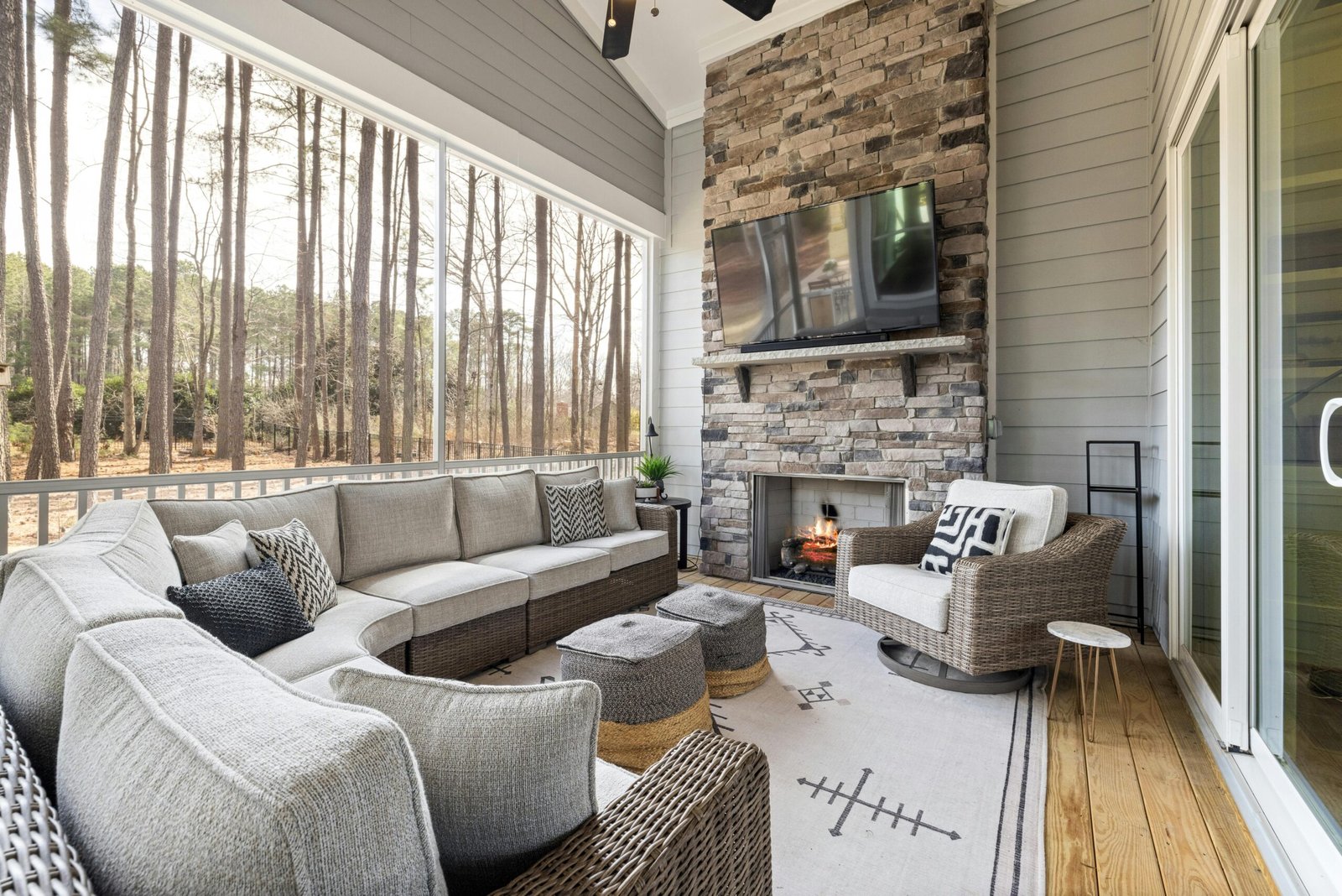 screened porch outdoor fireplace